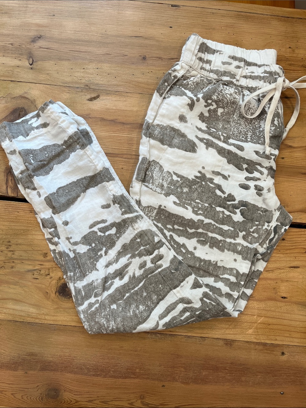 ENZA COSTA XS Printed 100% French Linen Everywhere Resort Pants Drawstring